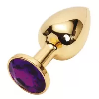 Золотистая металлическая анальная пробка с фиолетовым стразом - 7,6 см фиолетовый 