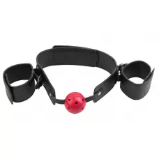 Кляп-наручники с красным шариком Breathable Ball Gag Restraint черный с красным 