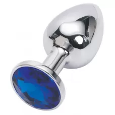 Серебряная металлическая анальная пробка с синим стразиком - 7,6 см синий 
