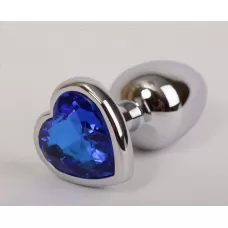 Серебристая анальная пробка с синим стразиком-сердечком - 7,6 см синий 