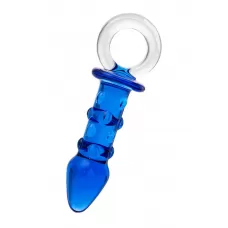 Синяя стеклянная анальная втулка с ручкой-кольцом - 16 см синий 