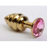 Золотистая ребристая анальная пробка с розовым стразом - 7,3 см розовый 