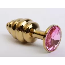 Золотистая ребристая анальная пробка с розовым стразом - 7,3 см розовый 