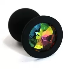 Чёрная силиконовая анальная пробка с радужным кристаллом - 7 см разноцветный 