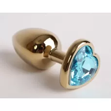 Золотистая анальная пробка с голубым кристаллом-сердцем - 9 см голубой 
