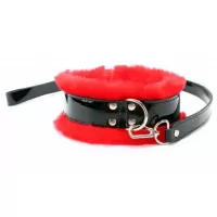 Красный меховой ошейник с ремешками и поводком из лакированной кожи красный с черным 