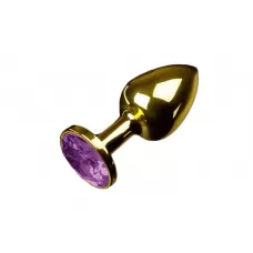 Маленькая золотистая анальная пробка с круглым кончиком и фиолетовым кристаллом - 7 см фиолетовый 