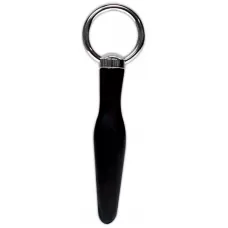 Анальный массажер с серебристой ручкой-кольцом - 10,5 см черный 