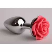 Серебристая анальная пробка с красной розочкой - 8 см красный 