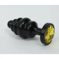 Чёрная ребристая анальная пробка с жёлтым кристаллом - 7,3 см желтый 