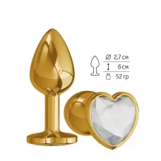 Золотистая анальная втулка с прозрачным кристаллом-сердцем - 7 см прозрачный 