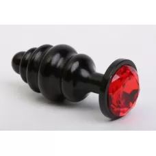 Чёрная ребристая анальная пробка с красным кристаллом - 7,3 см красный 
