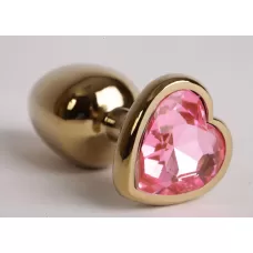 Золотистая анальная пробка с розовым стразиком-сердечком - 7,5 см розовый 