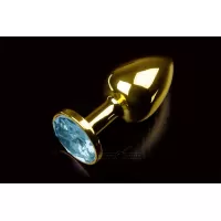 Маленькая золотистая анальная пробка с круглым кончиком и голубым кристаллом - 7 см голубой 