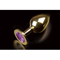 Большая золотая анальная пробка с закругленным кончиком и фиолетовым кристаллом - 9 см фиолетовый 