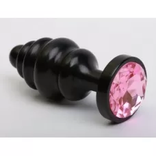 Чёрная ребристая анальная пробка с розовым кристаллом - 7,3 см розовый 