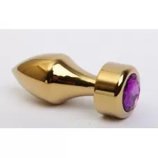 Золотистая анальная пробка с широким основанием и фиолетовым кристаллом - 7,8 см фиолетовый 