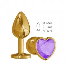 Золотистая анальная втулка с фиолетовым кристаллом-сердцем - 7 см фиолетовый 