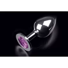 Большая серебристая анальная пробка с круглым кончиком и ярким фиолетовым кристаллом - 9 см фиолетовый 