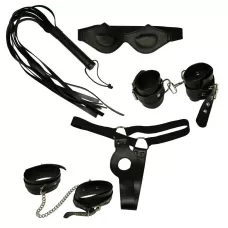 Набор фиксаций: наручники, наножники, плетка, маска и фиксация на женские половые органы черный 