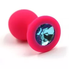 Розовая силиконовая анальная пробка с голубым кристаллом - 7 см нежно-голубой 