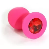 Розовая силиконовая анальная пробка с красным кристаллом - 7 см красный 