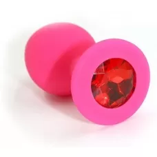 Розовая силиконовая анальная пробка с красным кристаллом - 7 см красный 
