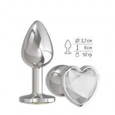 Серебристая анальная втулка с прозрачным кристаллом-сердцем - 7 см прозрачный 