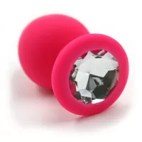 Розовая силиконовая анальная пробка с прозрачным кристаллом - 7 см прозрачный 