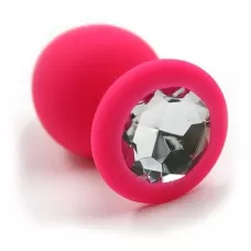 Розовая силиконовая анальная пробка с прозрачным кристаллом - 7 см прозрачный 