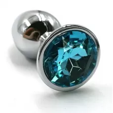 Серебристая алюминиевая анальная пробка с голубым кристаллом - 6 см нежно-голубой 