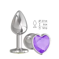 Серебристая анальная втулка с фиолетовым кристаллом-сердцем - 7 см фиолетовый 