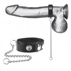 Утяжка на пенис с поводком Snap Cock Ring With 12  Leash черный с серебристым 