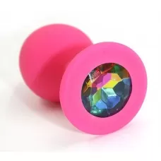 Розовая силиконовая анальная пробка с радужным кристаллом - 7 см разноцветный 