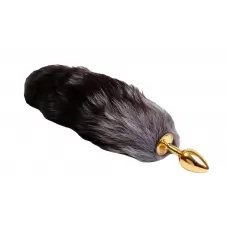 Золотистая анальная пробка с чёрным лисьим хвостом золотистый 