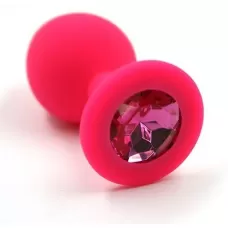 Розовая силиконовая анальная пробка с тёмно-розовым кристаллом - 7 см розовый 