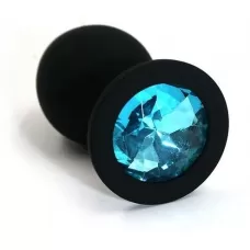 Чёрная силиконовая анальная пробка с голубым кристаллом - 7 см нежно-голубой 