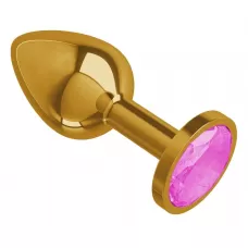 Золотистая анальная втулка с розовым кристаллом - 7 см розовый 