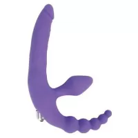 Фиолетовый безремневой страпон с анальным отростком и вибрацией - 15 см фиолетовый 
