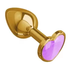 Золотистая анальная пробка с сиреневым кристаллом-сердцем - 7 см розовый 