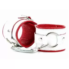 Бело-красные кожаные наручники с кольцом белый с красным 
