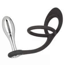 Серебристая анальная пробка Teardrop Plug с силиконовыми кольцами для пениса и мошонки черный с серебристым 