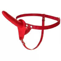 Красный страпон на ремнях с вагинальной пробкой - 15 см красный 