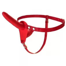 Красный страпон на ремнях с вагинальной пробкой - 15 см красный 