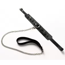 Черный ошейник с шипами и поводком черный 