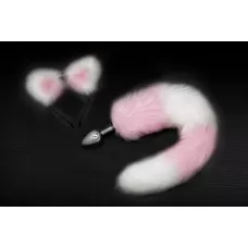 Серебристая анальная пробка с розово-белым хвостиком и ободком-ушками розовый с белым 