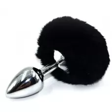 Серебристая округлая анальная пробка с заячьим хвостиком черного цвета - 11,5 см черный 