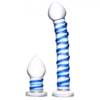 Набор из 2 стеклянных игрушек с синей спиралью Swirly Dildo   Buttplug Set прозрачный 