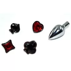 Набор из серебристой анальной пробки из нержавеющей стали и 4 кристаллов в форме мастей - 7,6 см черный с красным 