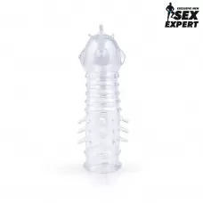Закрытая прозрачная насадка на пенис с выпуклостями и шипиками - 13,5 см прозрачный 